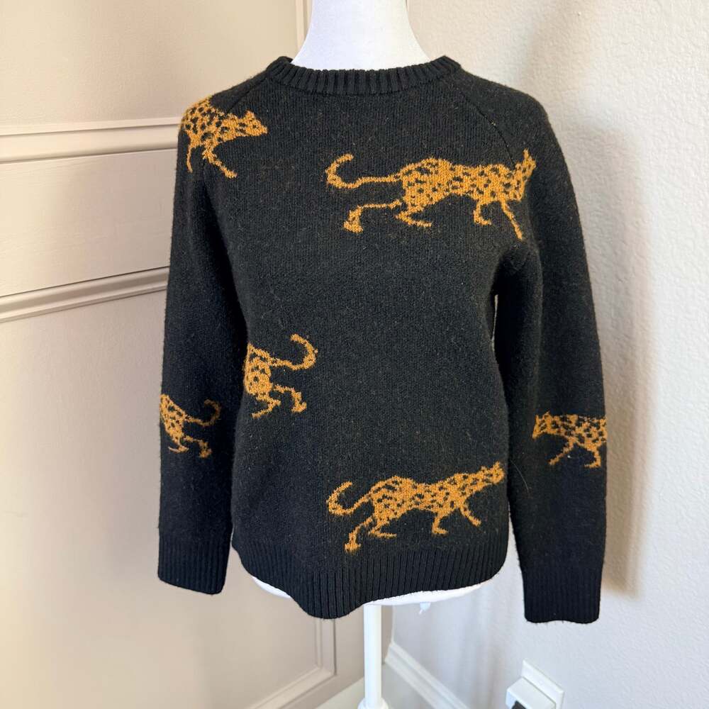 THML Cheetah Sweater S Black Brown Animal Motif Crewneck Dense Knit Pullover